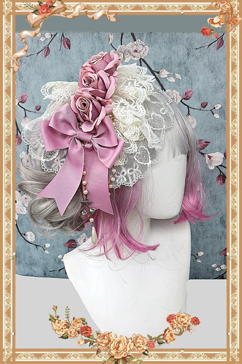 Elegant Lolita Hanamaru Hair Clip, Rose Bow & Pearl-like Chain 46096:874833