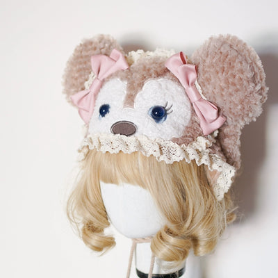 MAID~Winter Lolita Hat Plush Bear Ear Hat Camel and pink (3D eyes)  