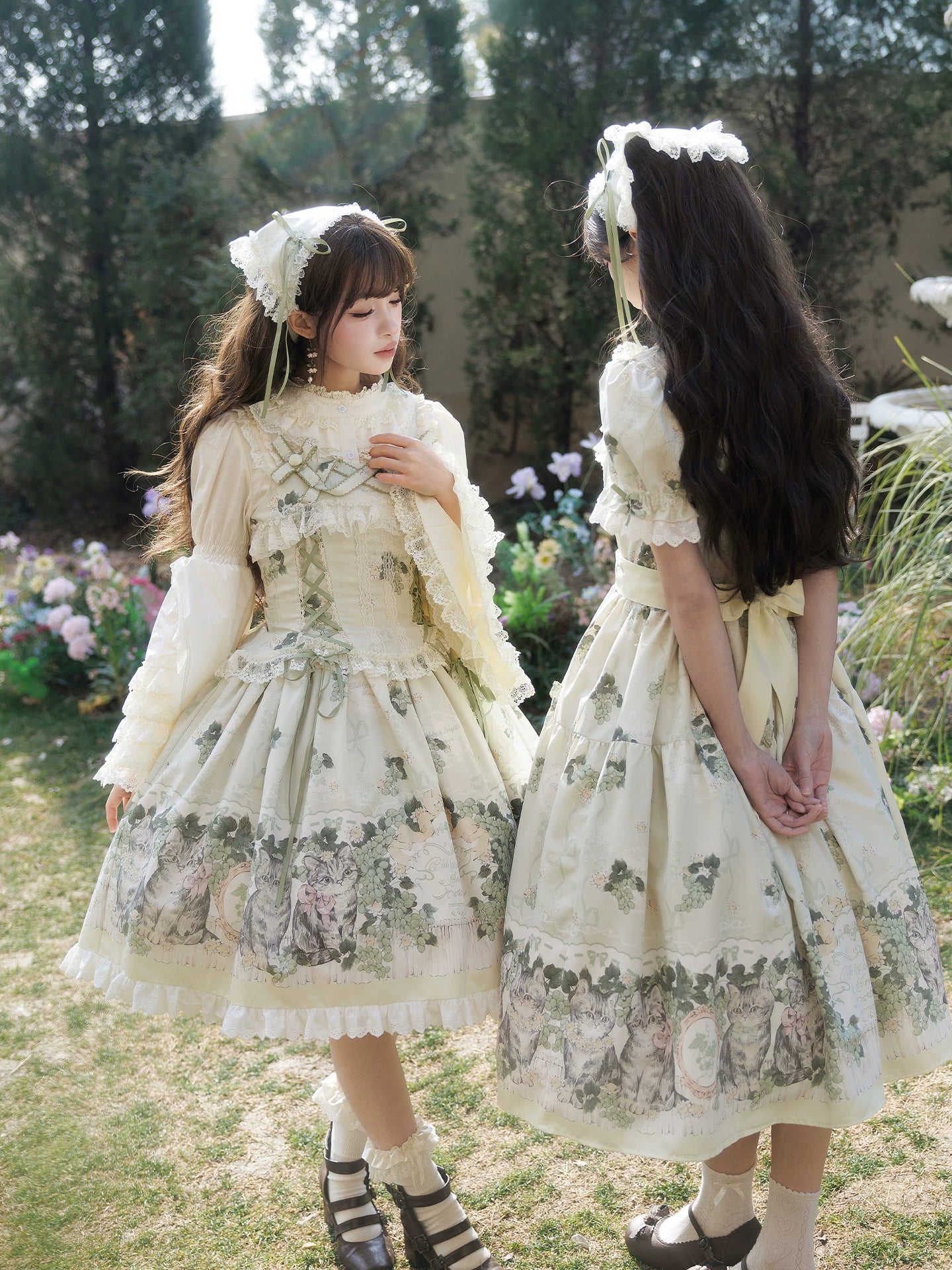 Grape Garden Cat - Classic Lolita Printed JSK Dress, Short Sleeve OP