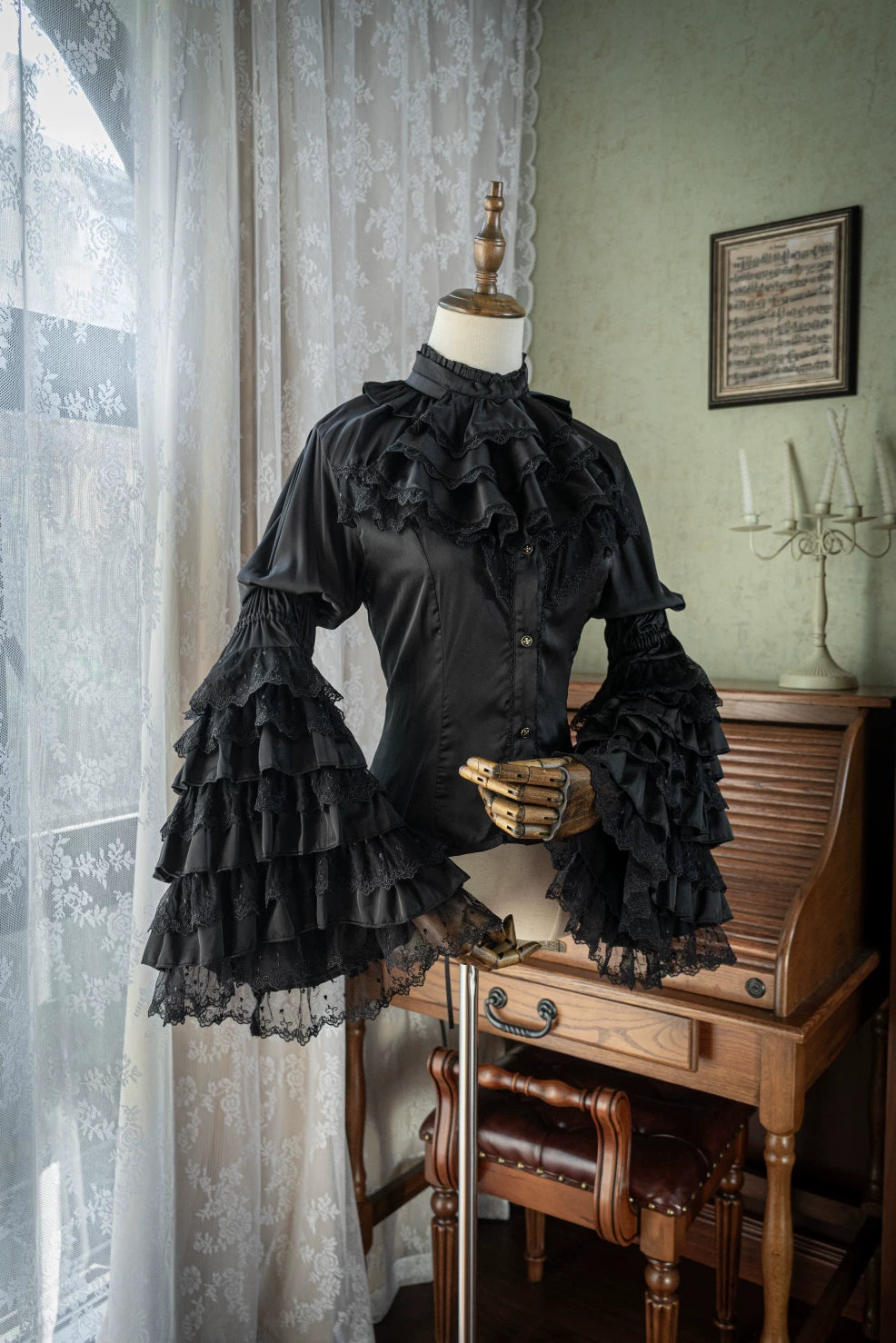 Dark Night - Gothic Lolita Hime Sleeve Blouse, Detachable Jabot Black Blouse (rayon version) XS