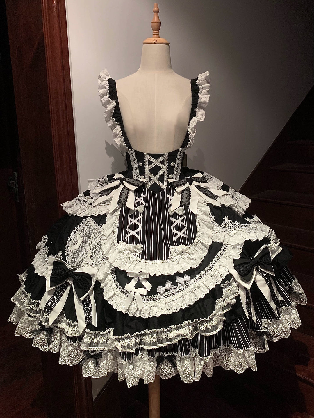 Lost Aqua~Vintage Lolita Dress Set Cotton Shirt XS Black and white JSK