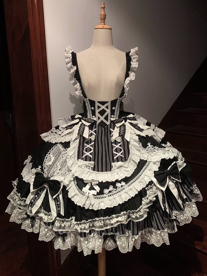 Lost Aqua~Vintage Lolita Dress Set Cotton Shirt XS Black and white JSK