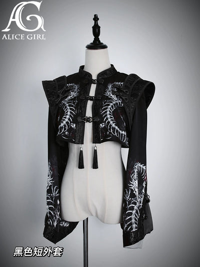Alice Girl~Bony Dragon~Chinese Style Lolita Coat Silver Dragon Embroidery Long Coat Black (short coat) XS 
