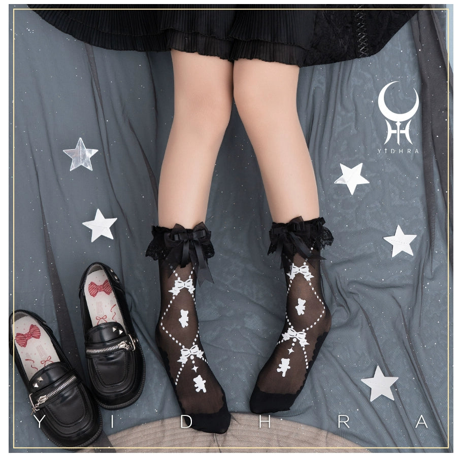 Yidhra~Bear Gummy and Milk Candy Bunny~Sweet Lolita Short Socks Lovely Socks Free size Bear gummy candy - black 