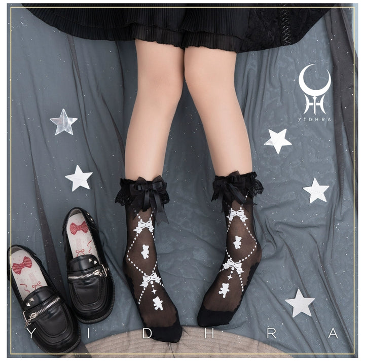 Yidhra~Bear Gummy and Milk Candy Bunny~Sweet Lolita Short Socks Lovely Socks Free size Bear gummy candy - black 