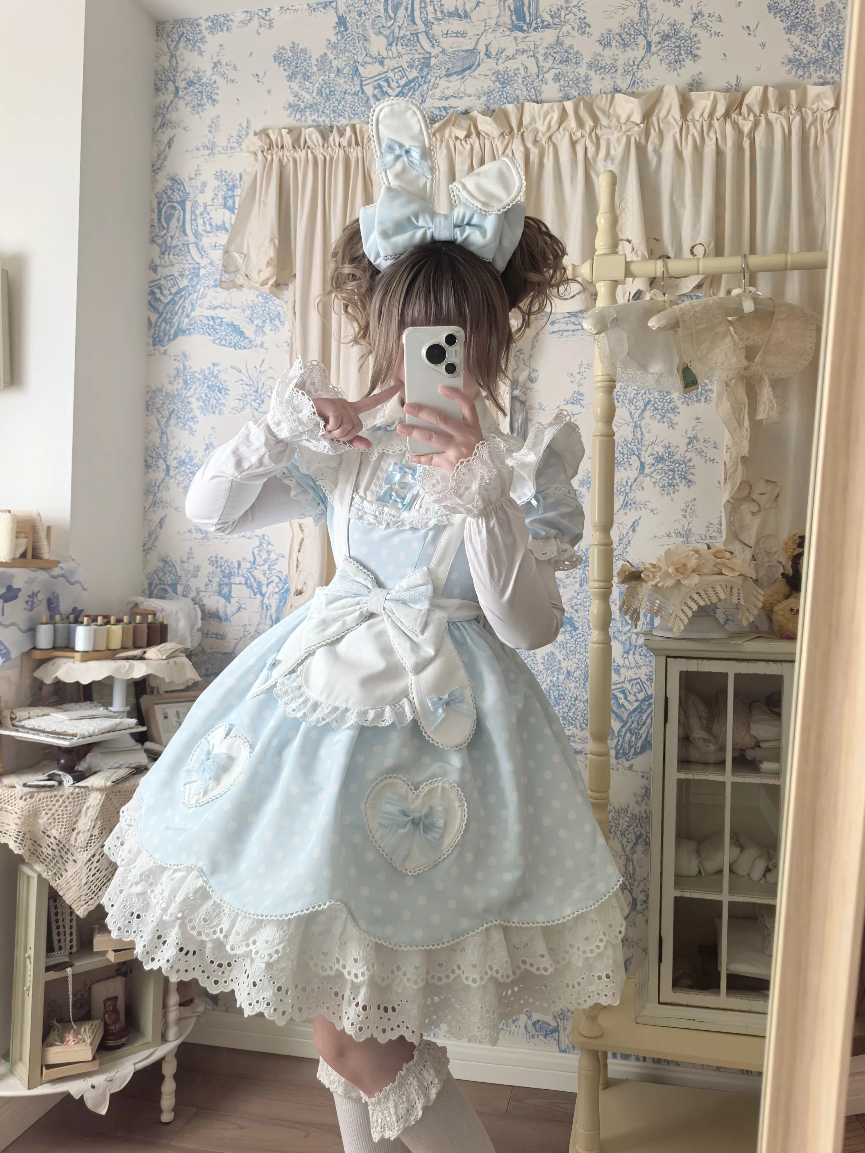 Bunny Kissaten - Four Colors Old School Lolita Polka Dot OP, Bunny Ear Apron 45824:864293