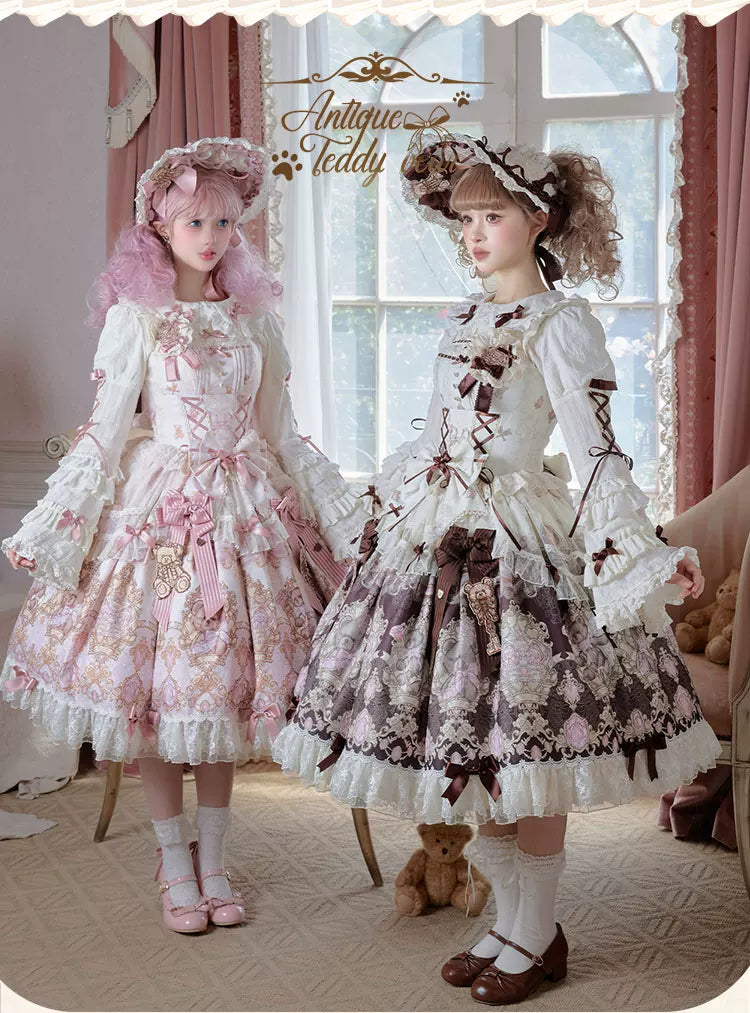 Antique Teddy Bear - Classic Lolita Printed JSK Dress with Ribbon Bows 45538:853249