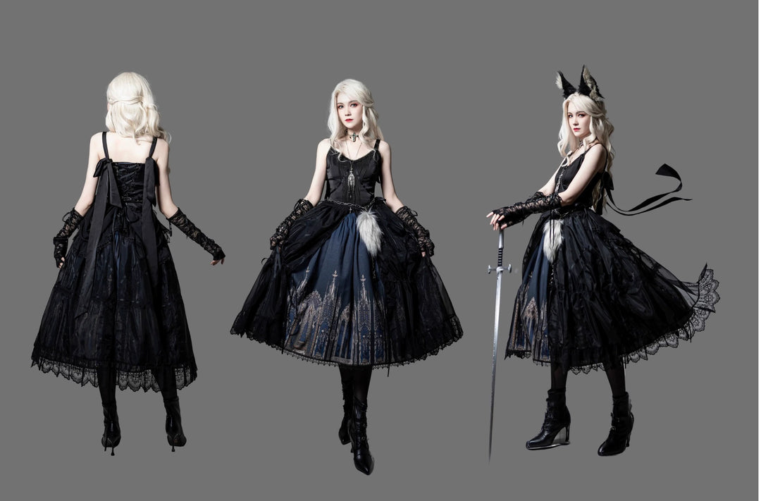 Wuyuzhe~Wolf Hunter~Gothic Lolita SK Set Halter Overskirt Cape Vest   