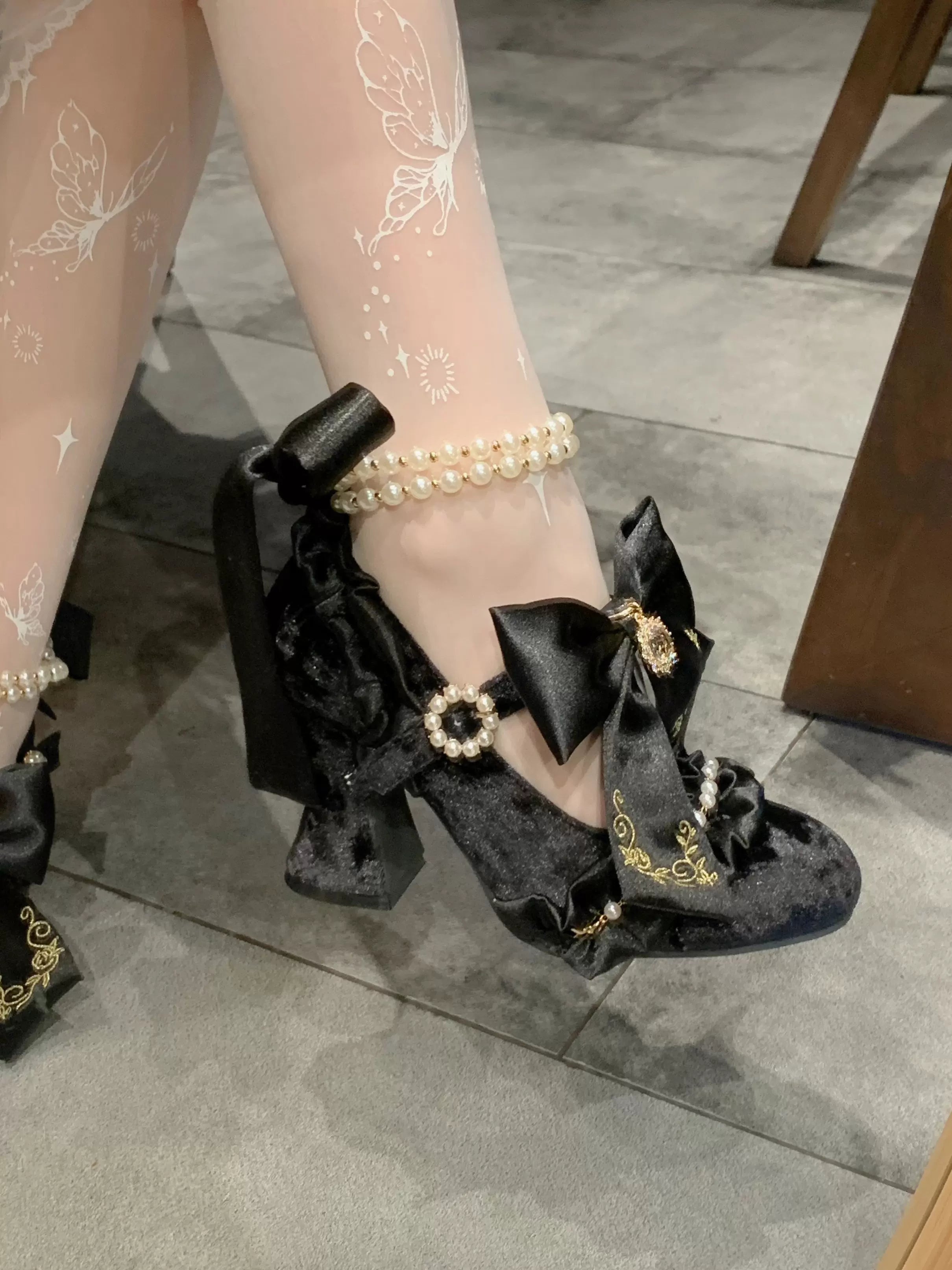 Ribbon Anthem - Gorgeous Classic Lolita Heels, Detachable Bow & Pearl 44639:815875