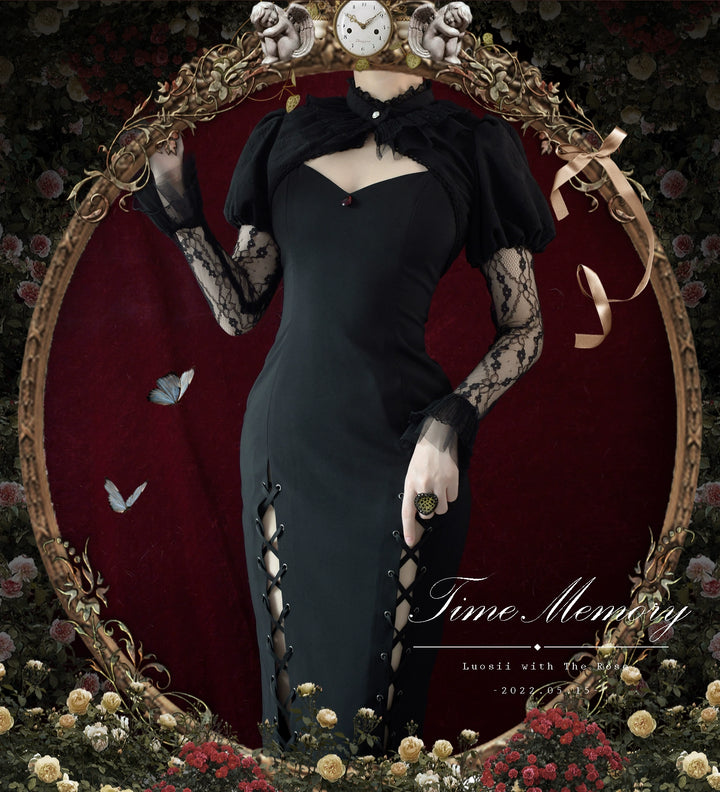 Time Memory~Petite Rose~Classic Lolita Bolero with Lace Sleeves Black Bow Version S