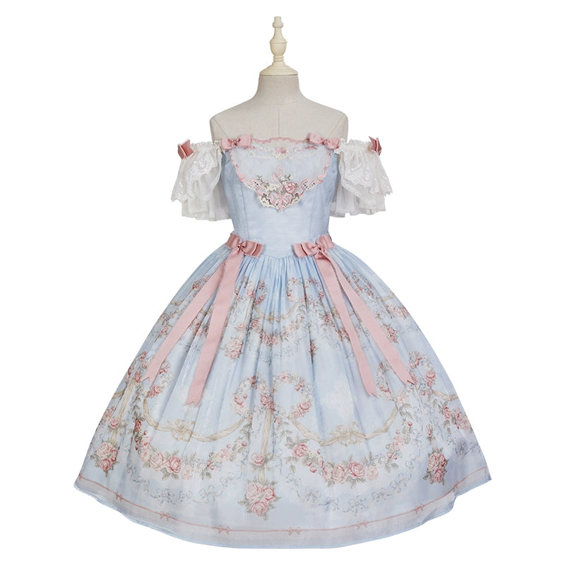 Midsummer Story~Velandri Gardens~Elegent Lolita JSK Dress Off Shoulder Dress with Cape XS Off-shoulder JSK- Blue 