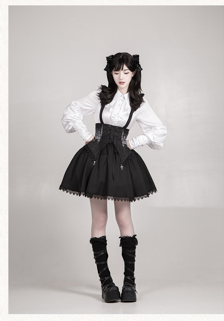 With PUJI - Thorn Night - Gothic Lolita Satin Shirt Solid Color Fake Two-Piece Blouse