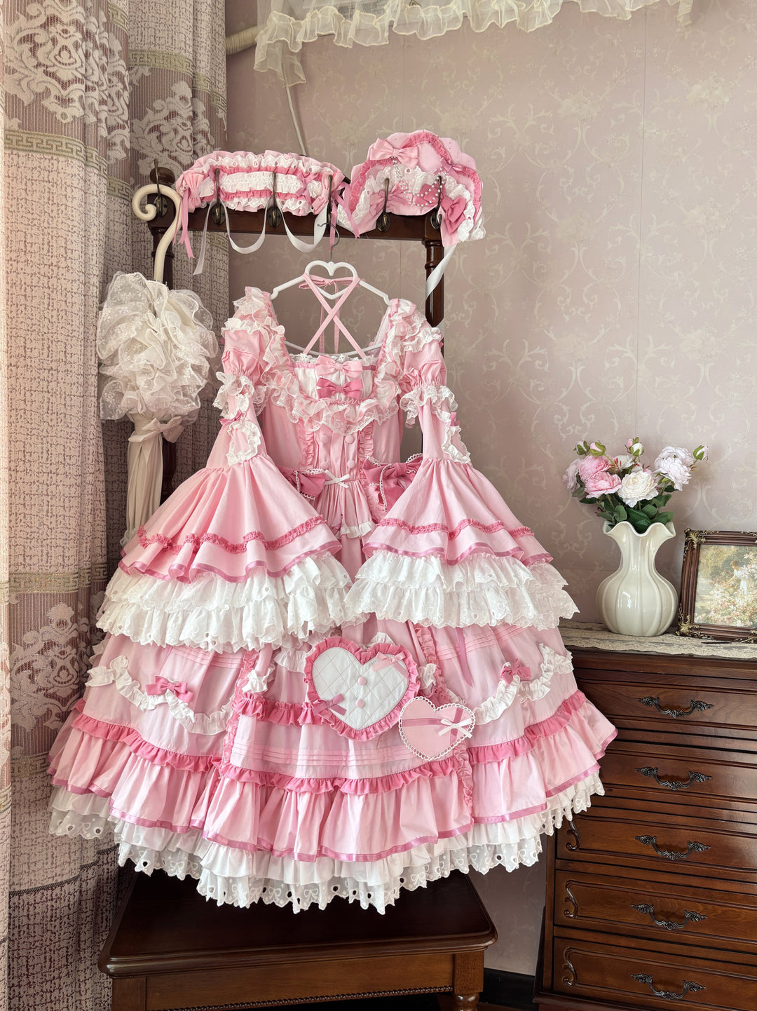 Perfect Original Design~Audelia~Plus Size Sweet Lolita OP with Halter Neckline pink OP only (without detachable sleeves) XS