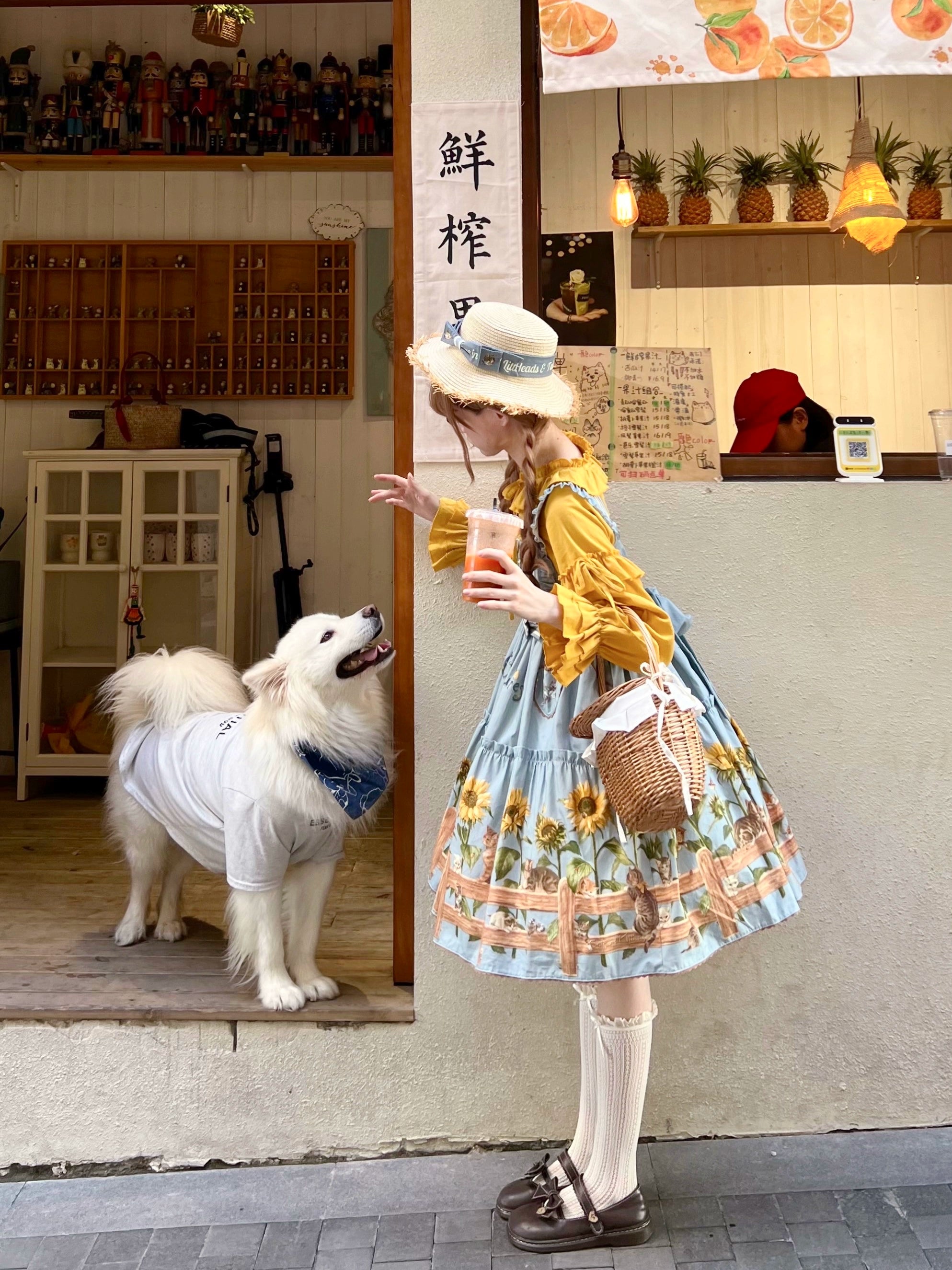 Polaris Lolita - Cat and Sunflower - Sweet Lolita JSK Cat and Sunflower Print Dress and Headdress Set
