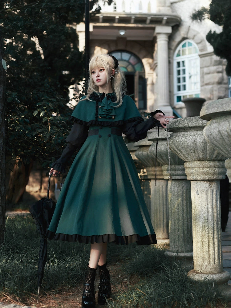 With PUJI~College of Potions~Elegantt Lolita OP Dress Black and Green Dress with Cape   