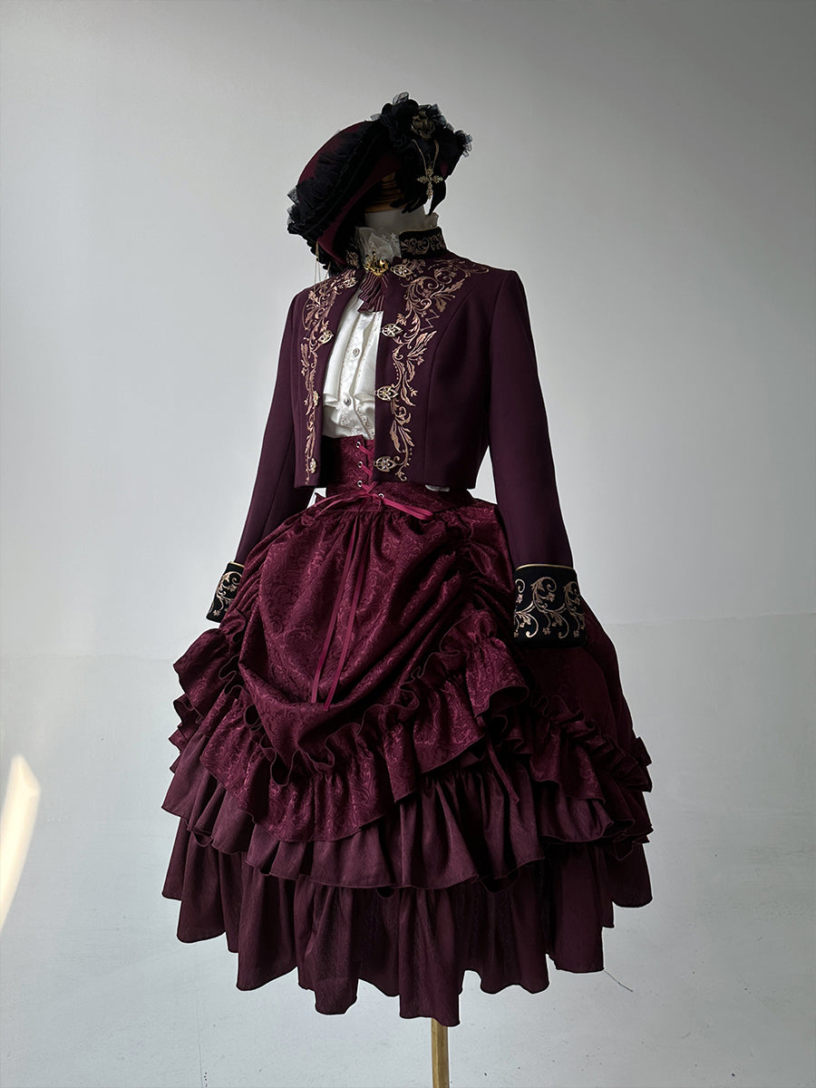 (BFM)ZJstory~Ouji Lolita Embroidery Set Court Style Skirt and Pants S Dark Red Drawstring SK only 