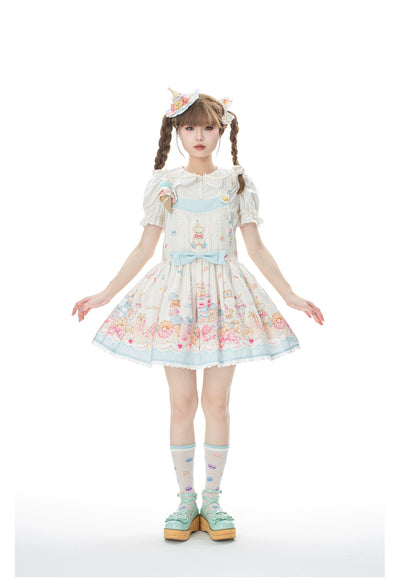 GD Lolita~Cake House~Sweet Lolita Bear Print Blue Dress Set S bule salopette 