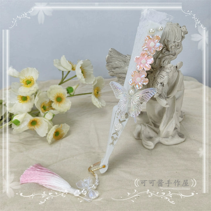 Cocoa Jam~Han Lolita Fan Decorative Folding Fan with Butterfly and Flowers Tassel sweet light pink  