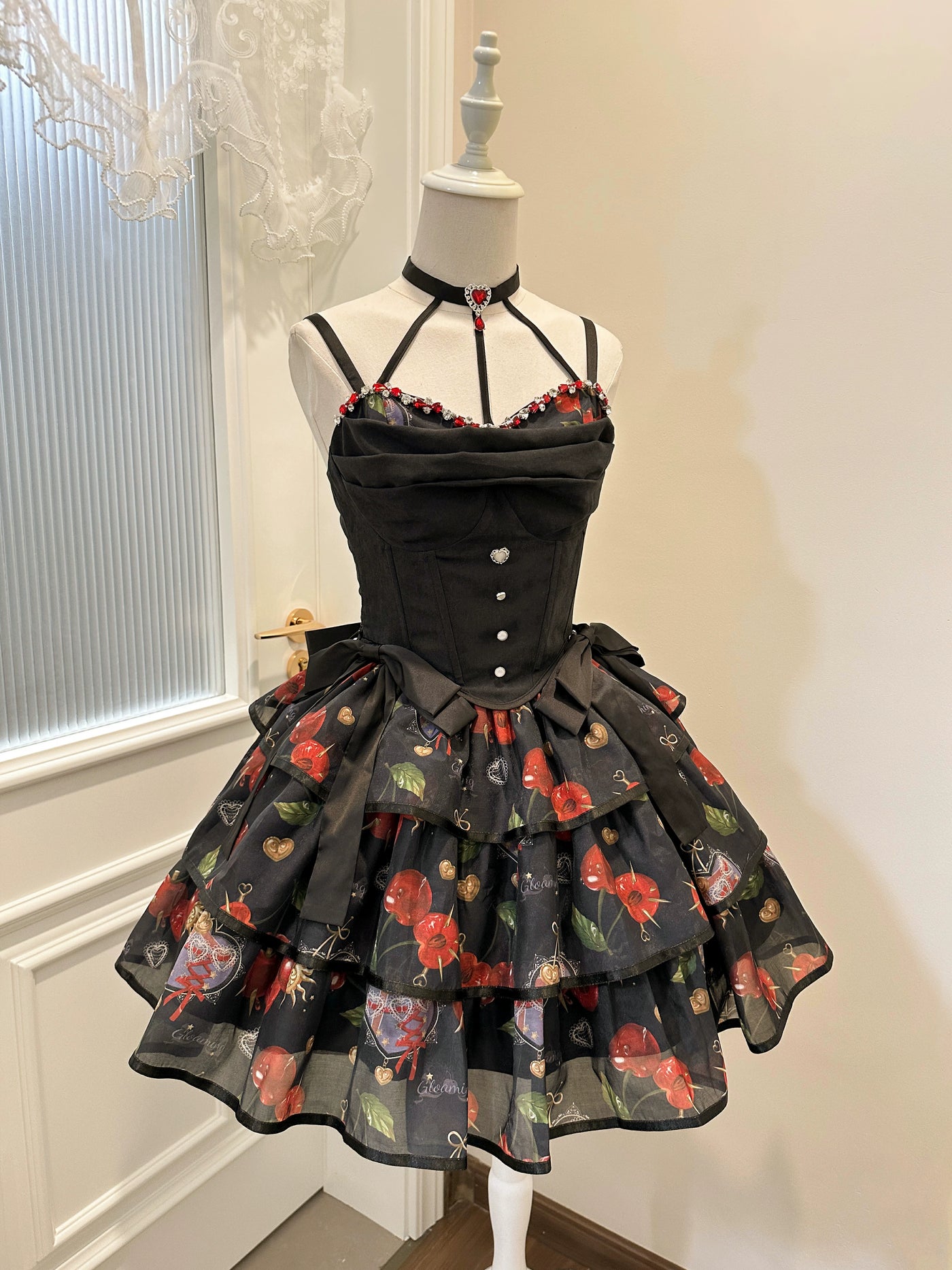 (Buy for me)Gloaming~Sweet Lolita Cherry print Short Sleeve OP and SK Set   