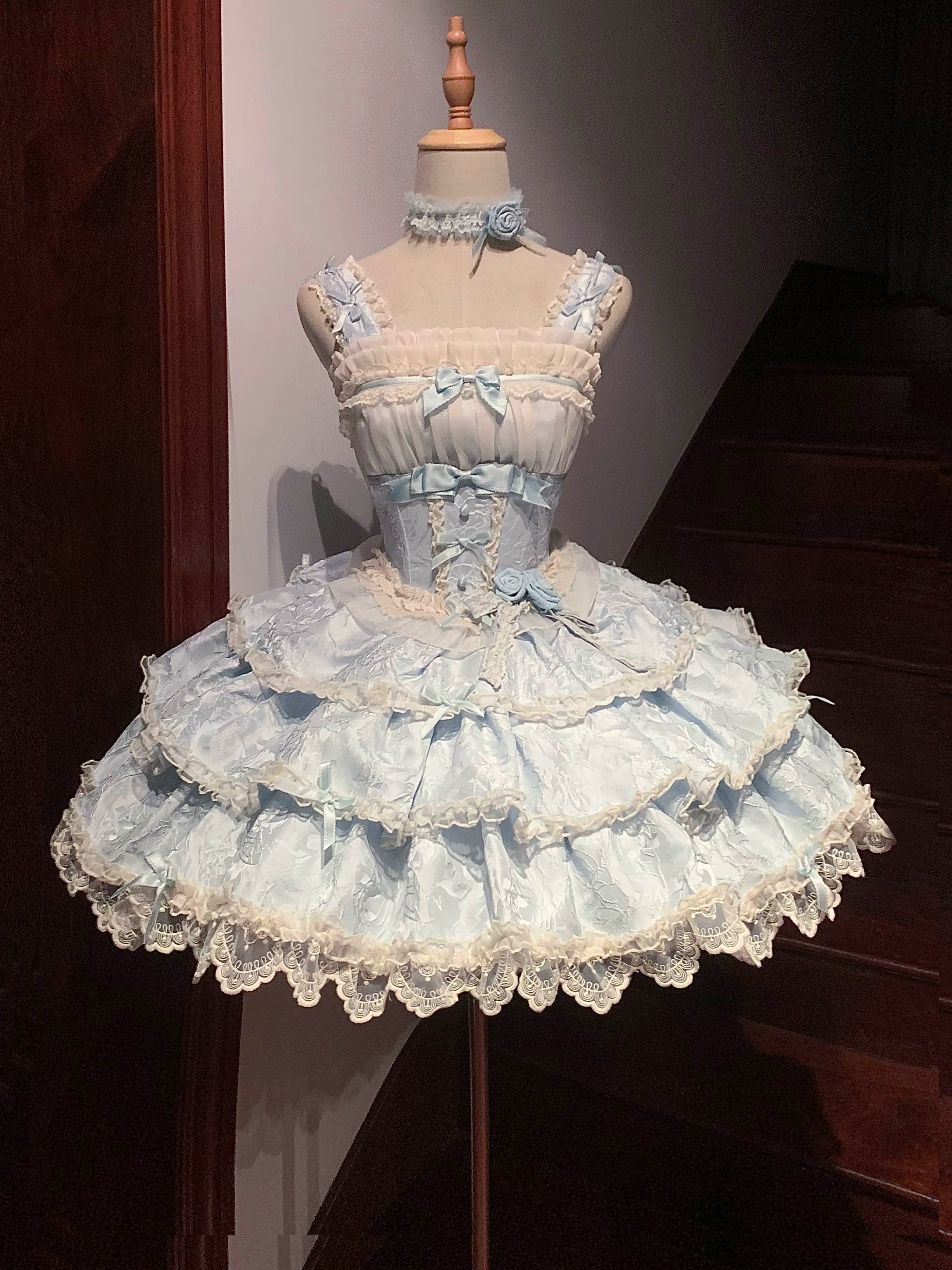 Buling Moon - Ballet Elegance - Sweet Lolita Mini JSK Set with Tulle Shirt and Headdress Blue JSK only S