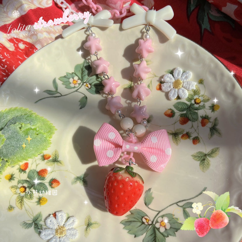 Bear Doll - Sweet Lolita Strawberry Necklace Red Polka Dot Bow pink strawberry