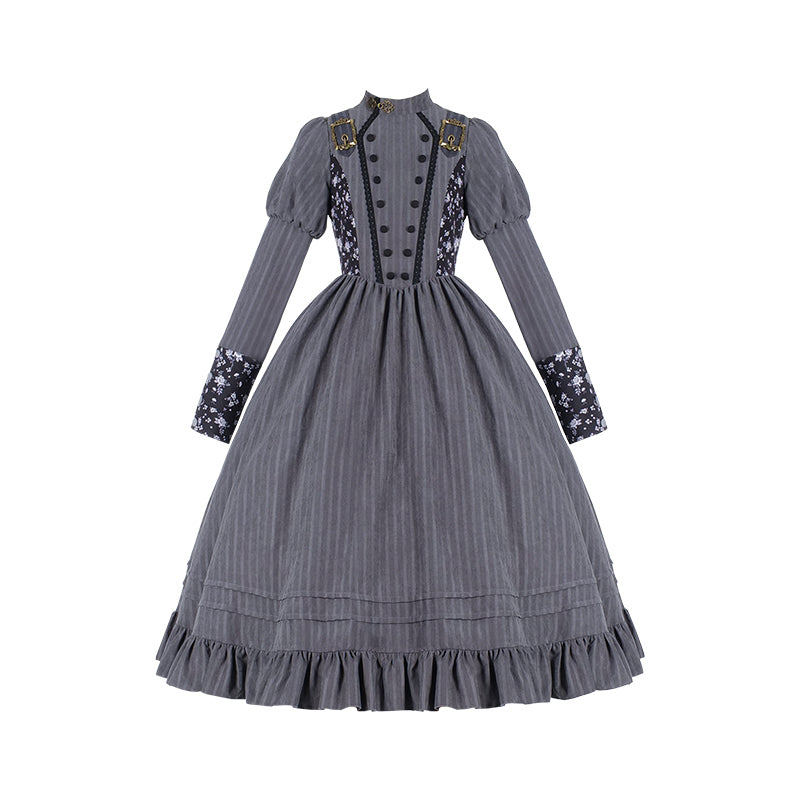 With PUJI~Vintage Lolita OP Navy Blue Dress S OP with camellia spliced 