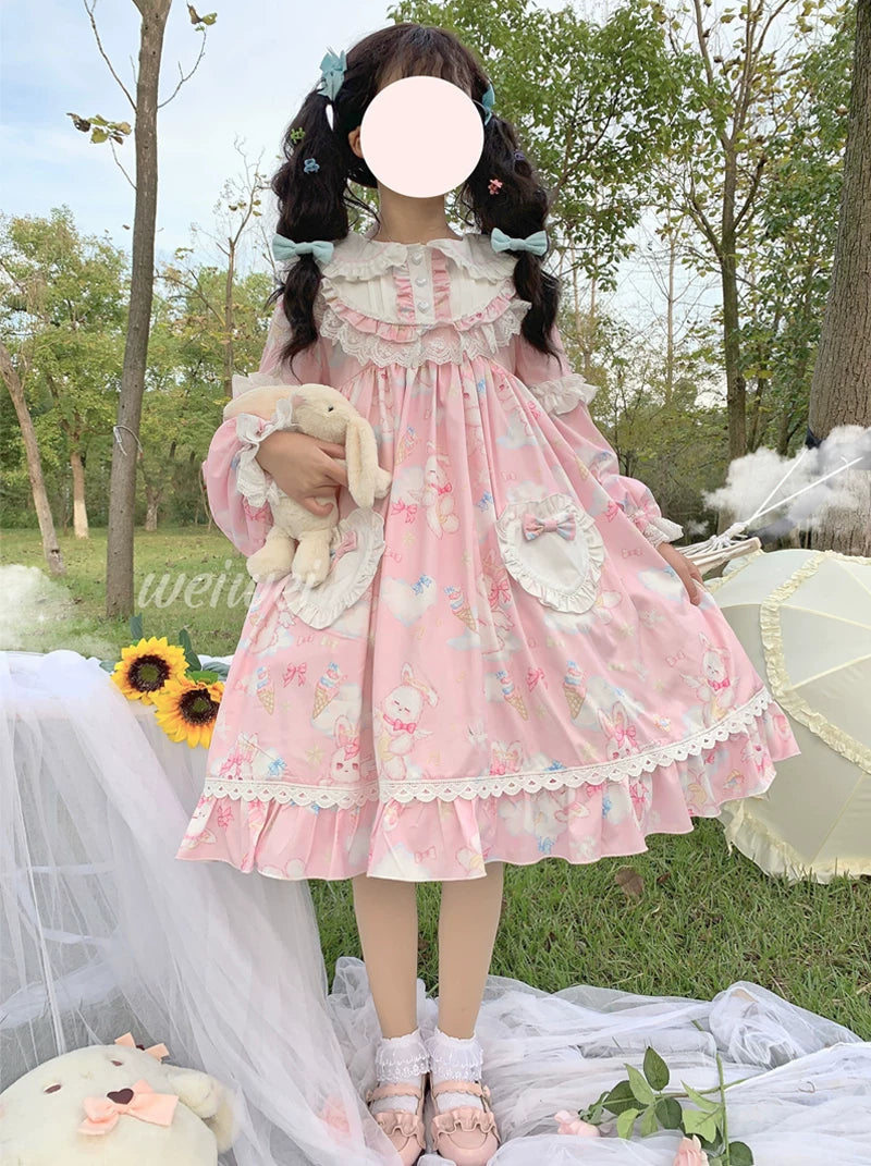 Sweet Soft Bunny - Printed Sweet Lolita OP Dress, Bunny Ears (Pink / L M S) 44863:826546