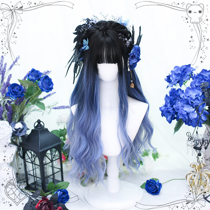 Dalao Home~Wen Lan~Natural Lolita Gradient Long Curly Wig black dyed blue send hair net  