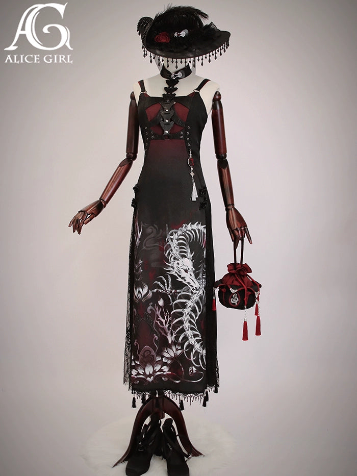 Alice Girl~Bony Dragon~Qi Lolita Jumper Dress Dragon Embroidery Cheongsam Black and Red JSK (Long) XS 