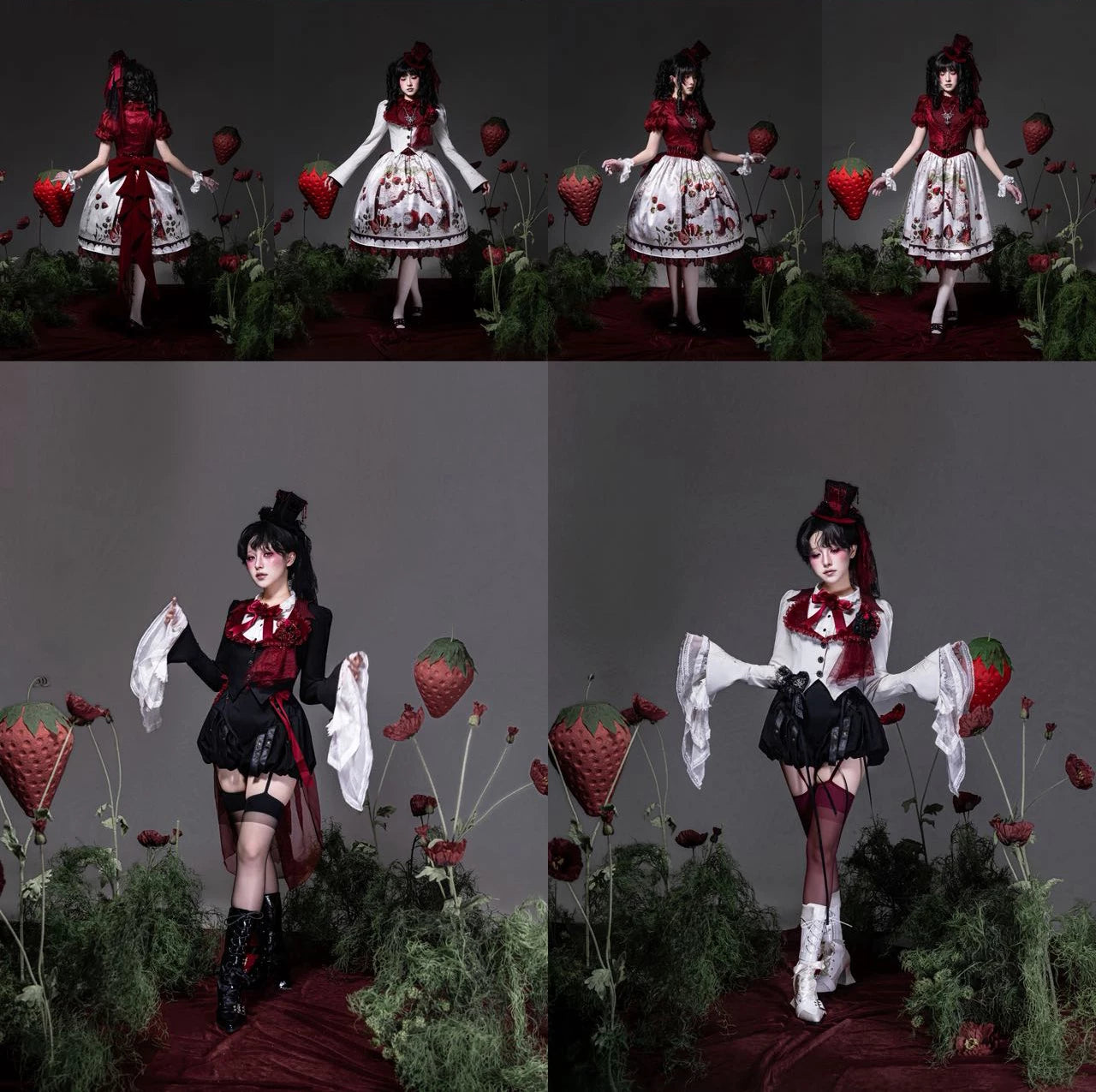 Monster Strawberry Hunt - Gothic Lolita Strawberry Printed Velvet Dress Set 45737:859908
