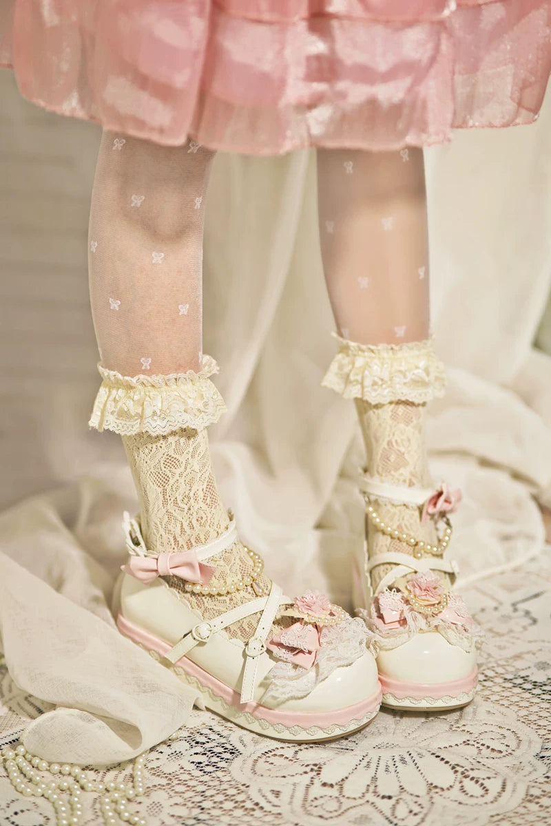 Pearl Floral Reverie - Sweet Lolita Shoes, Detachable Pearl Chain and Floral Accent 45531:852245
