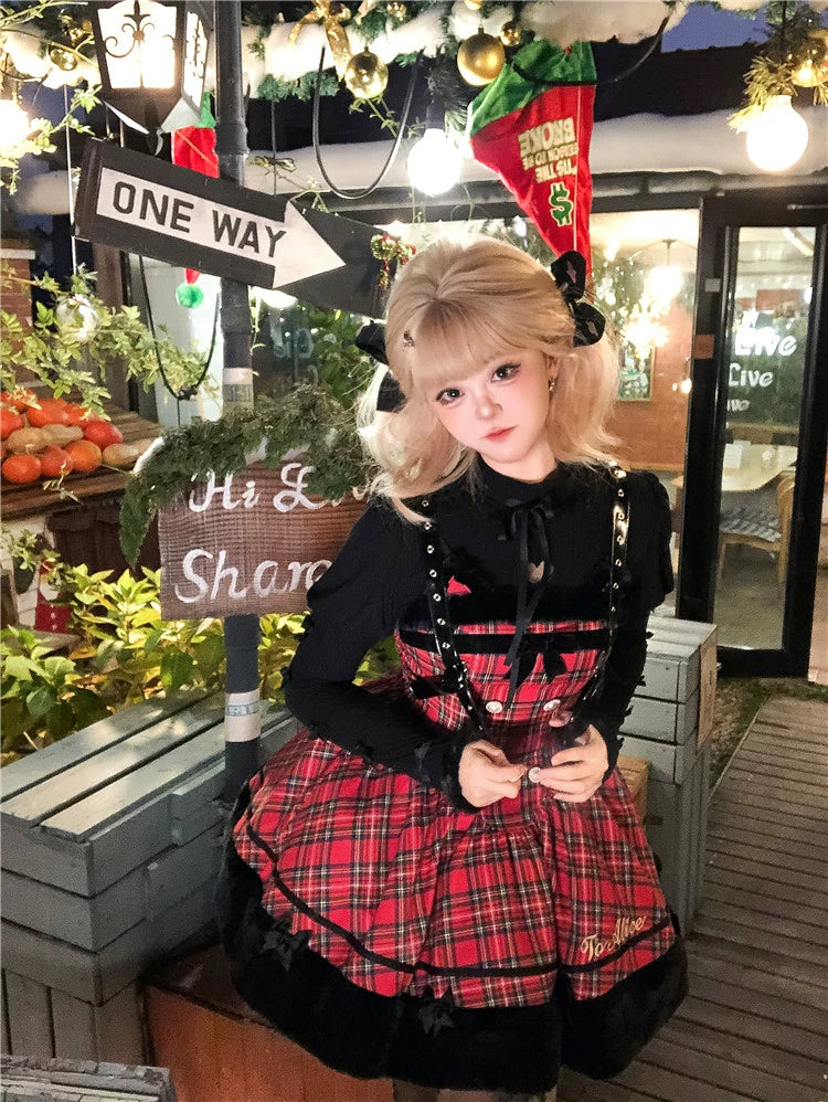 To Alice~Black Cat and Miss~Christmas Sweet Lolita Plaid Dress with Hooded Cape