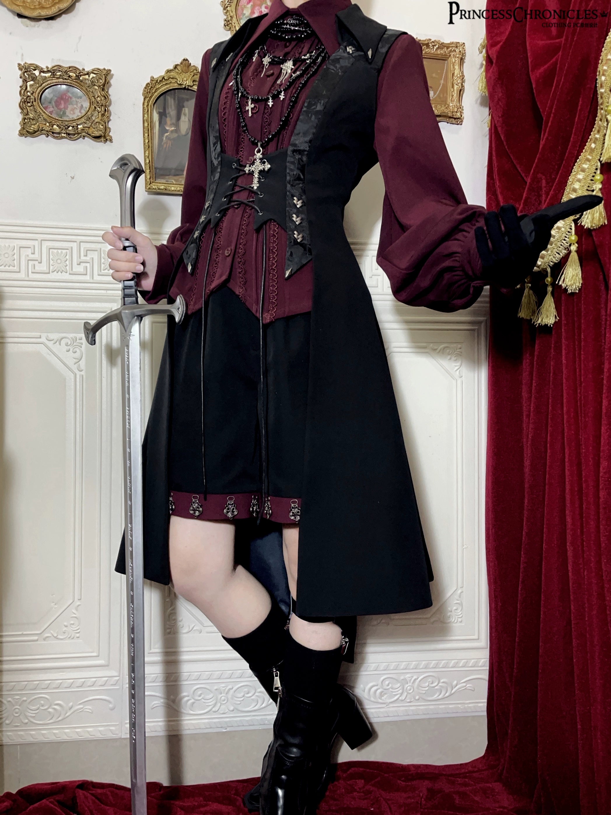 Princess Chronicles - Red and Black 4.0 - Ouji Lolita Shorts Outfit Long Vest Prince Blouse