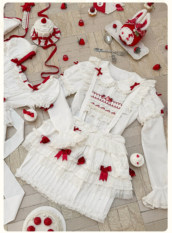 Mademoiselle Pearl - Cup Cake - White, Red Bow, Sweet Lolita Dress Set 43333:773875