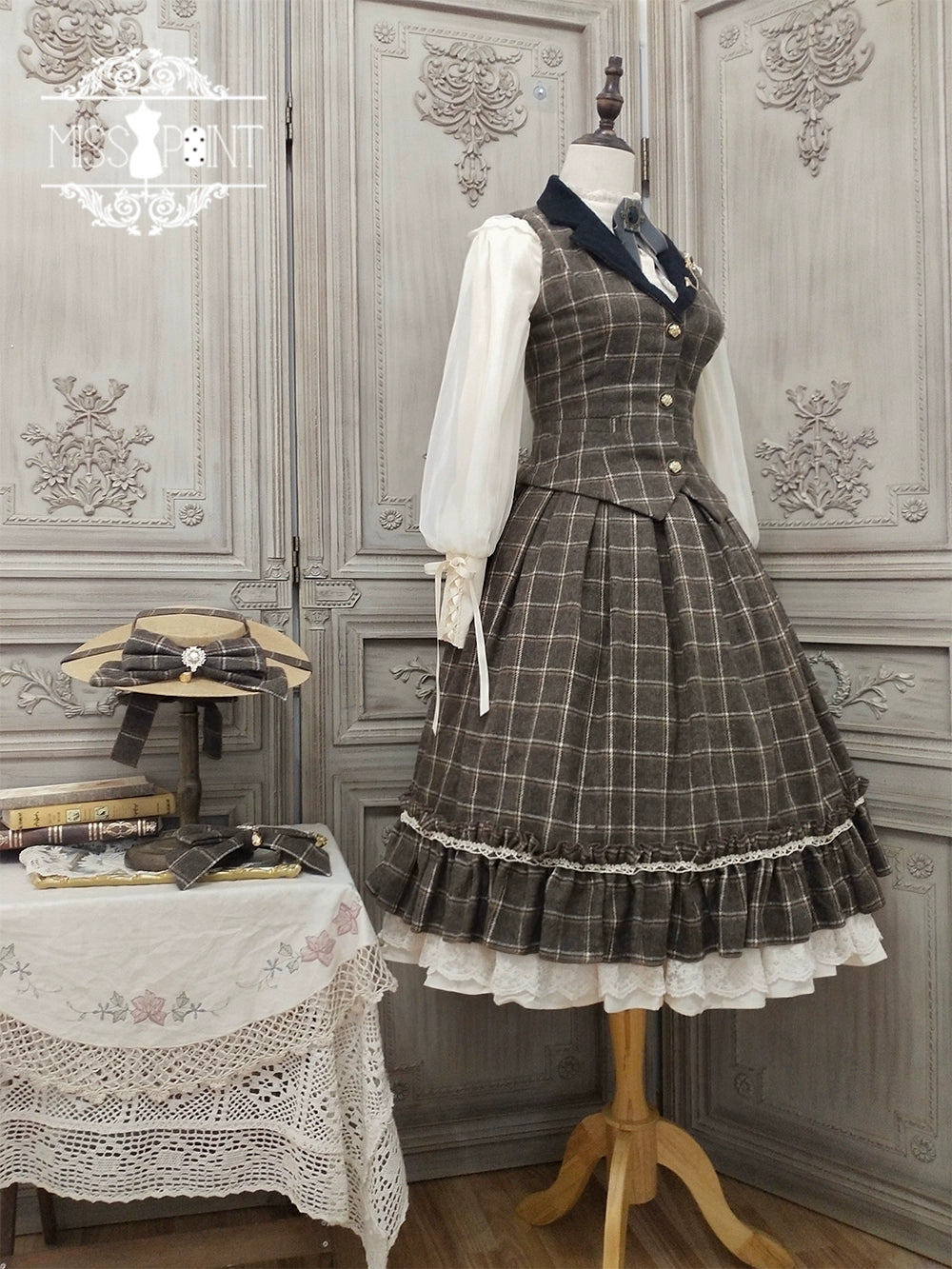 (BFM)Miss Point~Rose~Elegant Lolita Fishbone Grid Skirt Customized (2XL L S) 32512:384990