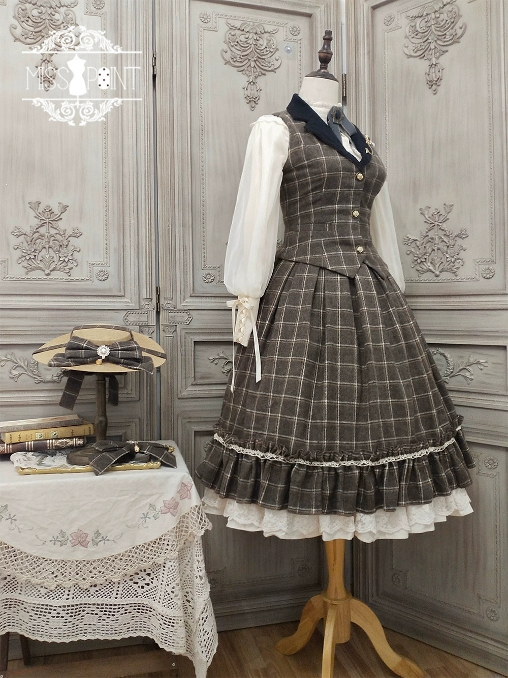 (BFM)Miss Point~Rose~Elegant Lolita Fishbone Grid Skirt Customized S dark brown grid 