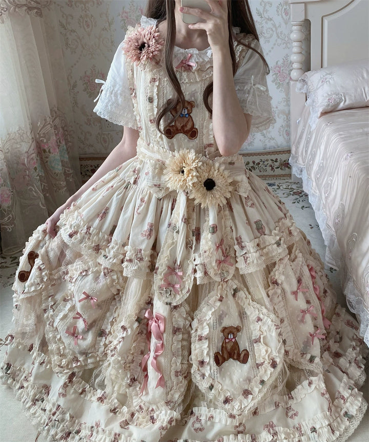 MONO GIRL~Rottengburg Bear~Sweet Lolita JSK Print Hollow-out Ruffles Dress 40730:674862