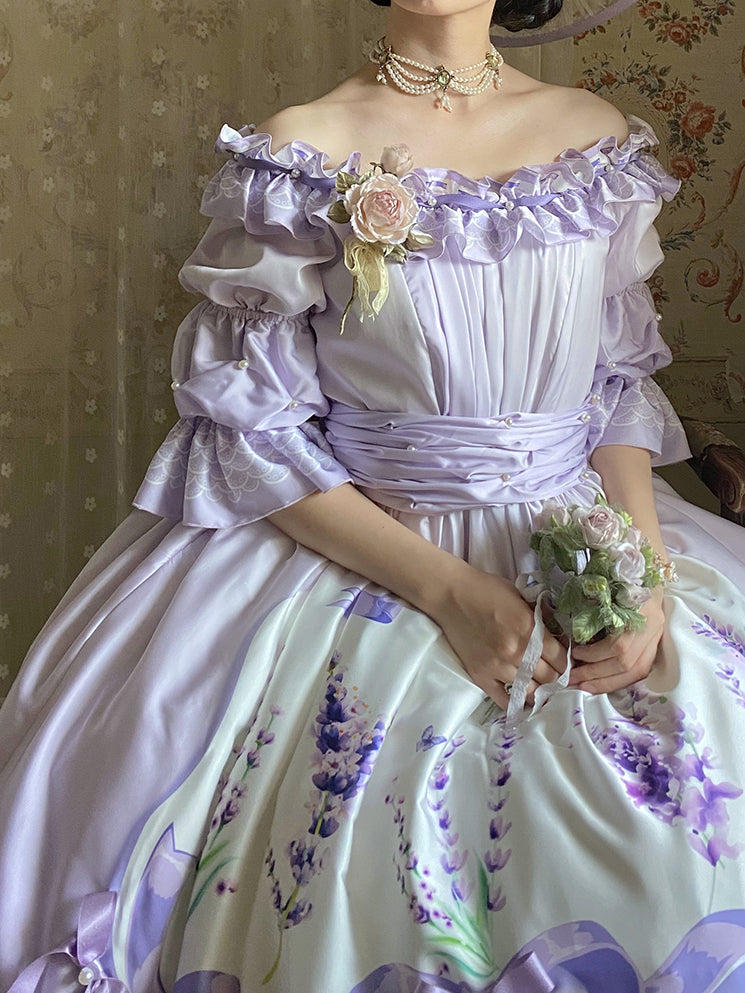 (Buyforme)Yolanda~ Lavender Smoke Floral OP Dress SK and Blouse S OP+waistband (without the flower brooch) 
