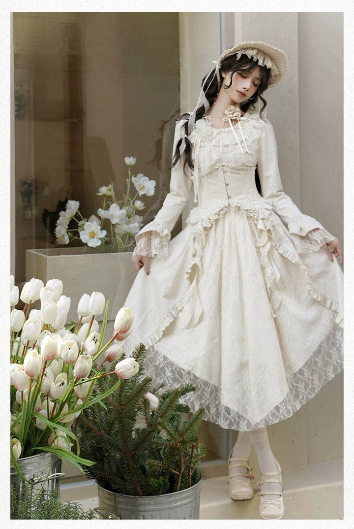 With PUJI~White Tea~Classic Lolita OP Dress with Irregular Design and Fishbone Waistband