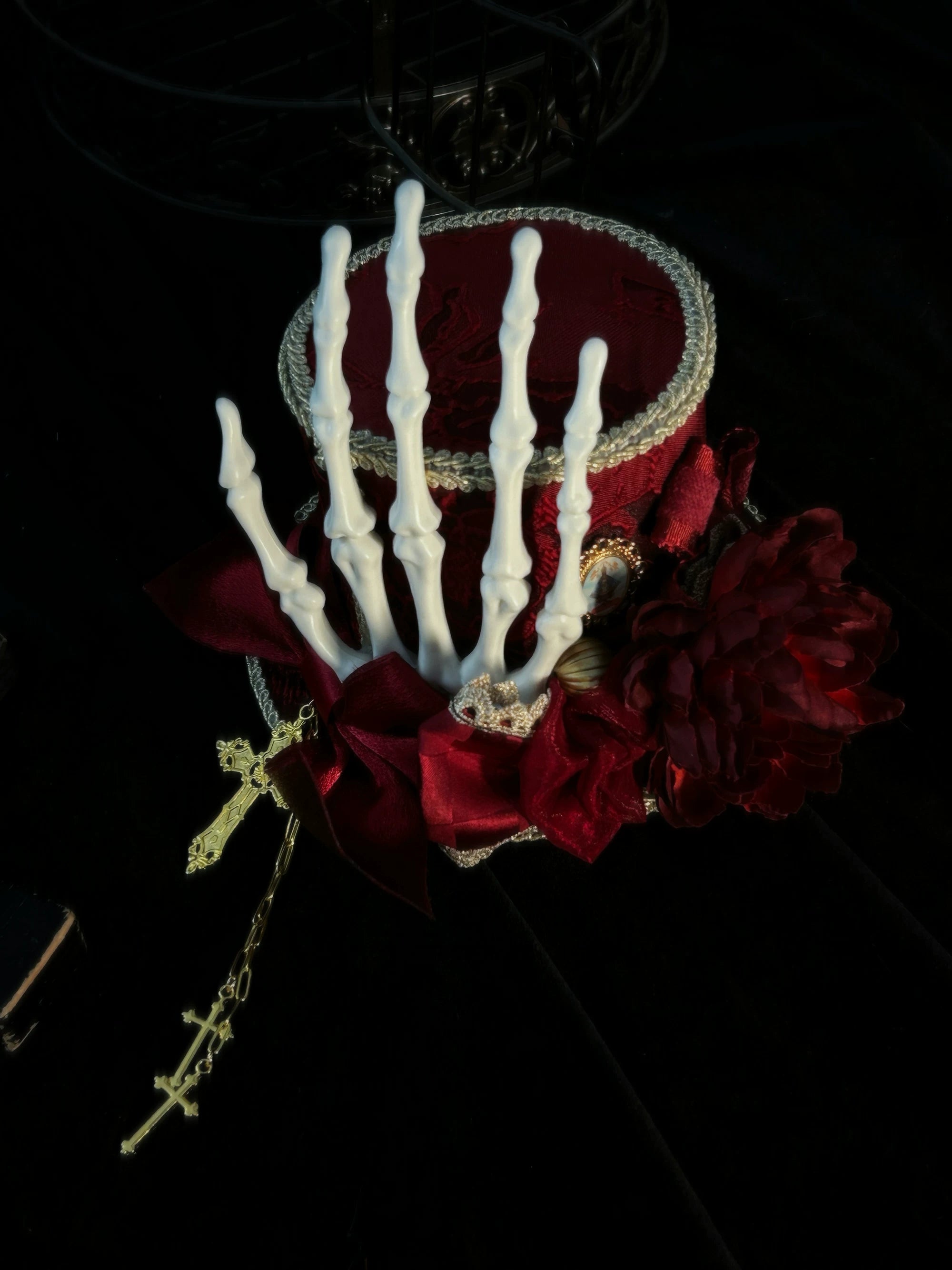 Genesis and Armageddon - Gothic Lolita Accessory, Skeleton Hand Decoration Red - Mini Top Hat One Size