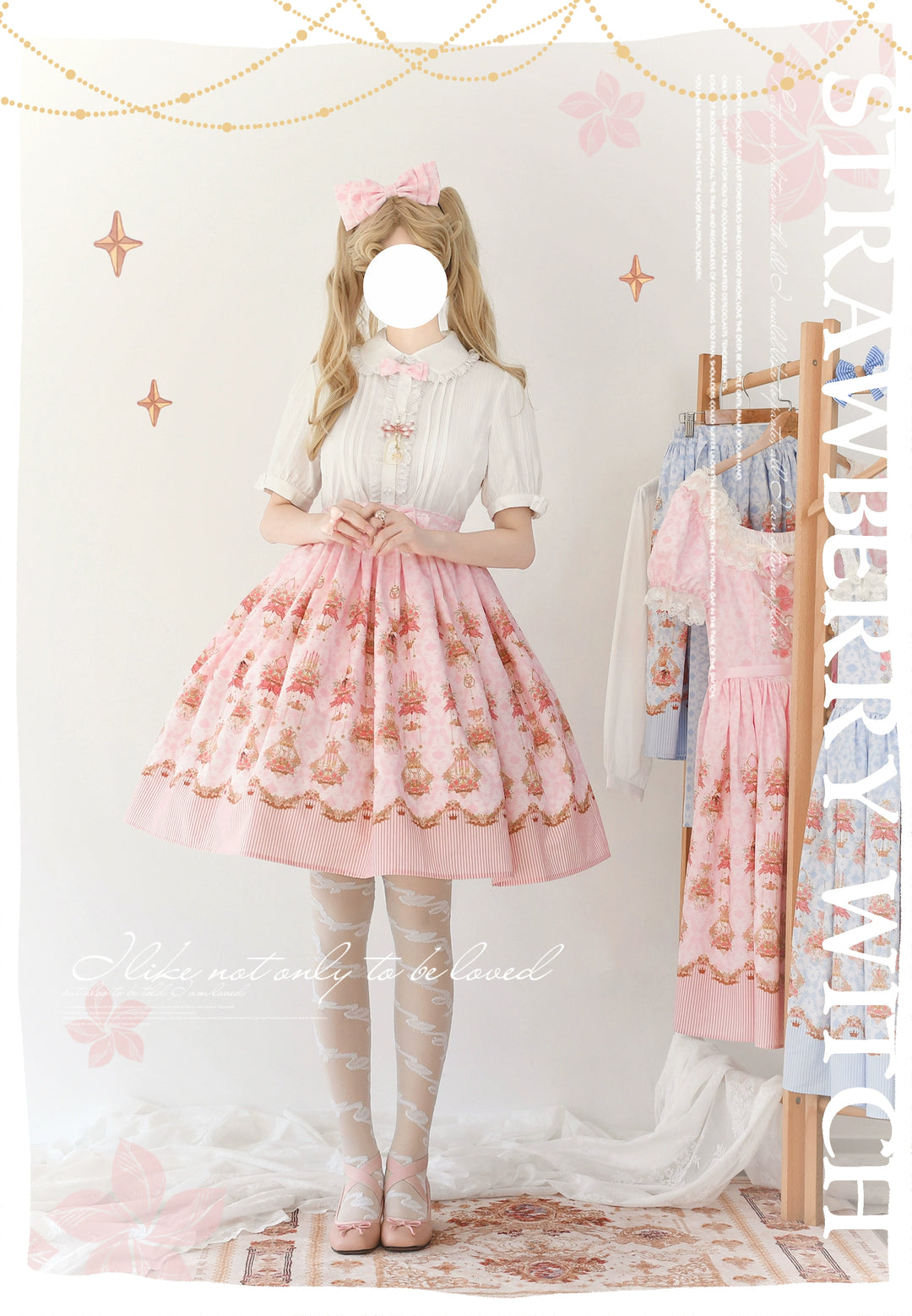 Strawberry Witch~Rose Garden Bunny~Daily Lolita Rose Bunny Printing OP JSK Dress Set M pink skirt