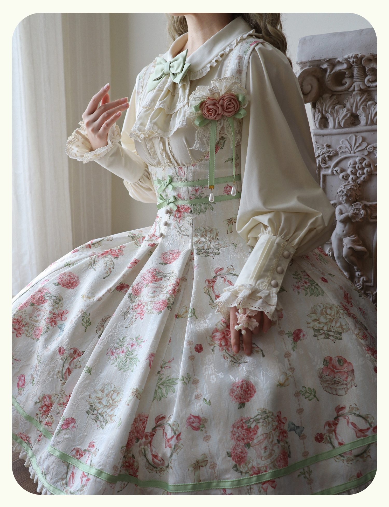 Hydrangea Tea Party - Classic Lolita Bust Supporting JSK, Mutton Sleeve Shirt