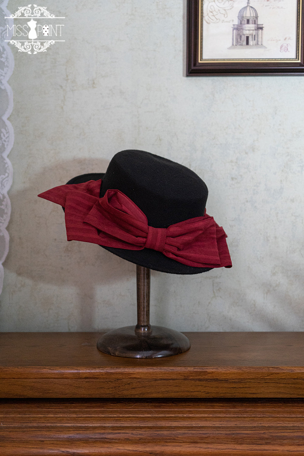 Miss Point - Stripped Lolita Headband Veil Hat Clip Necklace wine red top hat