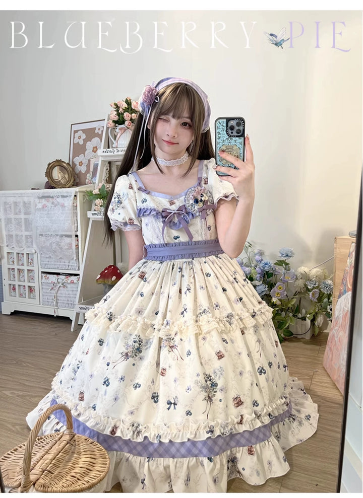 (BFM)Strawberry Fantasia~Blueberry Pie~Country Lolita OP Short Sleeve Floral Printing Dress   