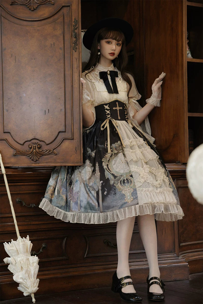 Clock Butterfly - Gothic Lolita Printed Blouse and Corset Skirt Set 45449:848793