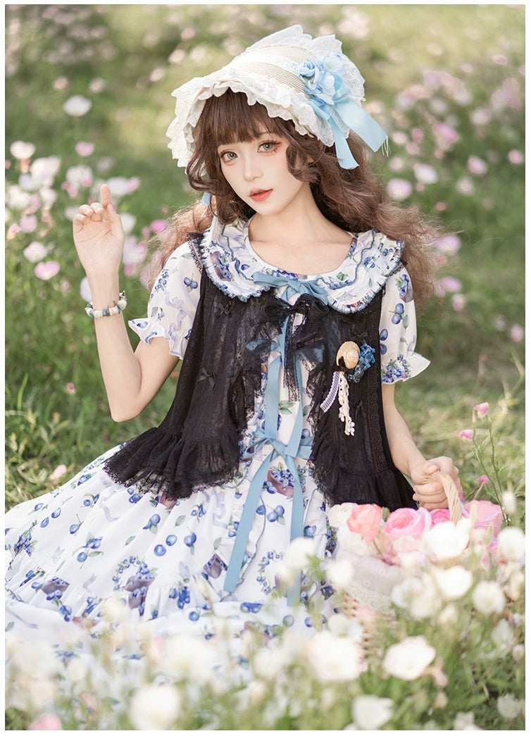 With PUJI~Berry Basket~Country Lolita OP Dress Blueberry Print Dress   