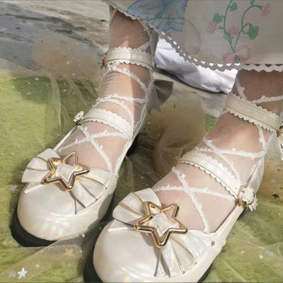 (BFM)Bubble Cat~Dreamy Starry~Sweet Lolita Shoes Low Heel Bow Shoes 34 beige (giltter under the sun) 