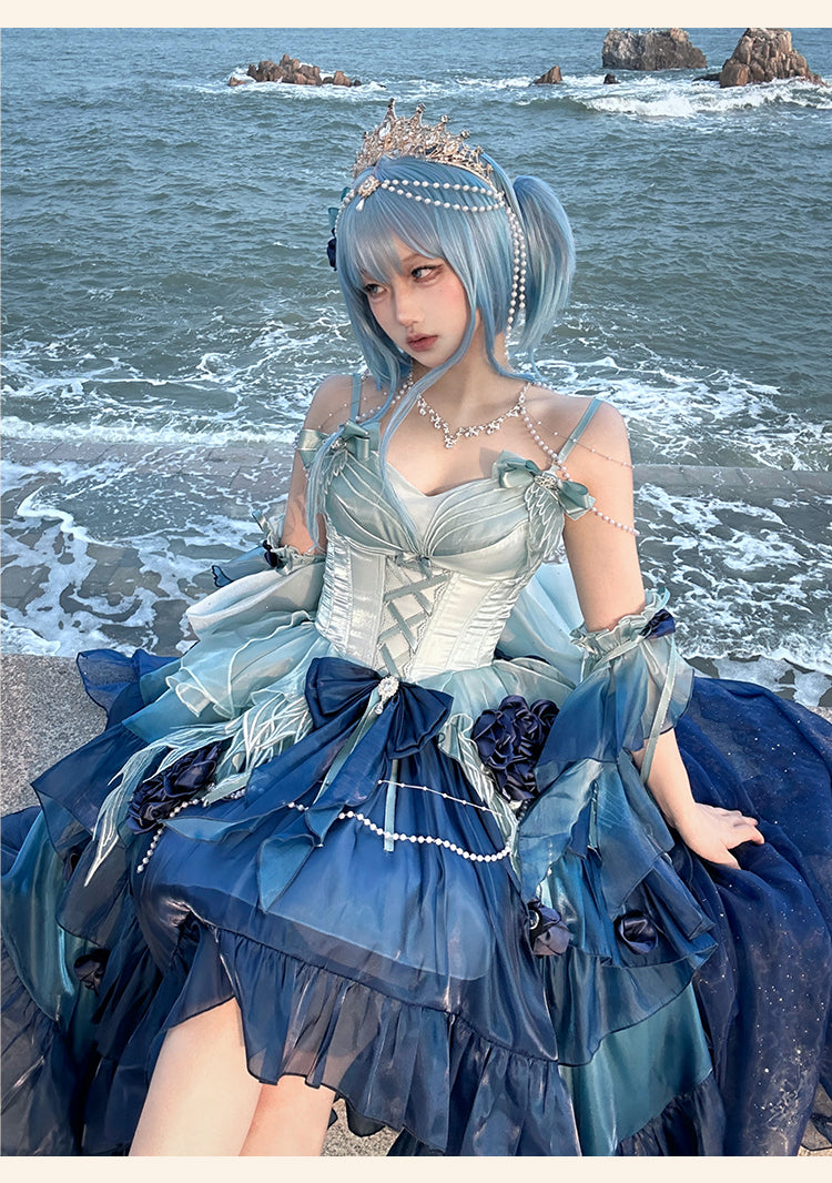 Meowing and Fruity~Swan Wonderland~Fairy Lolita JSK with High-Low Hem Deep Sea Blue - Single JSK Only S