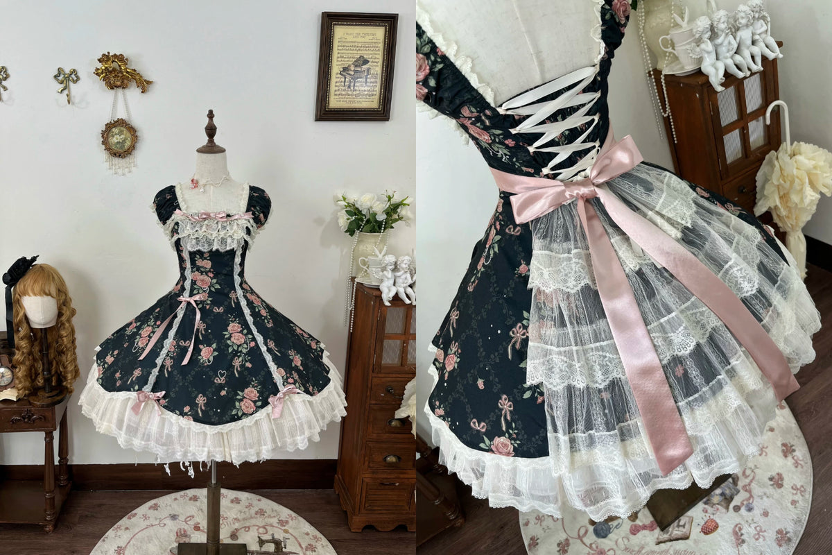 Pearl & Rose - Old School Lolita Floral Print Lolita OP Dress, Back Opening 45925:868407
