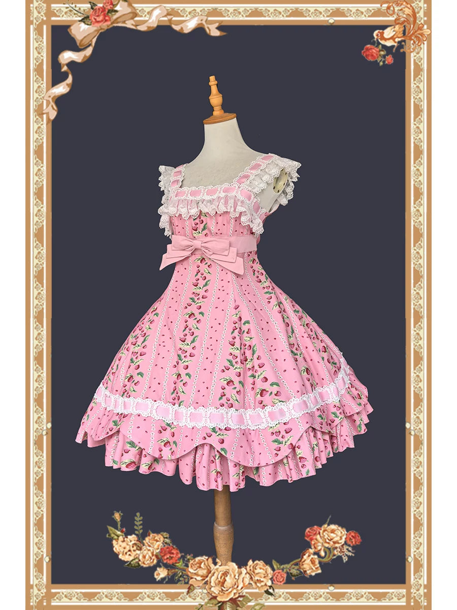 Berries & Strawberry - Old School Lolita JSK Dress Set, Strawberry Print 46097:874958